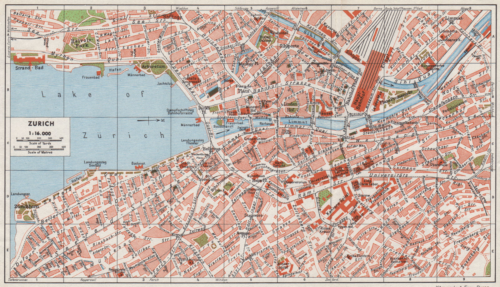 ZÜRICH ZURICH. Vintage town city map plan. Switzerland 1948 old vintage